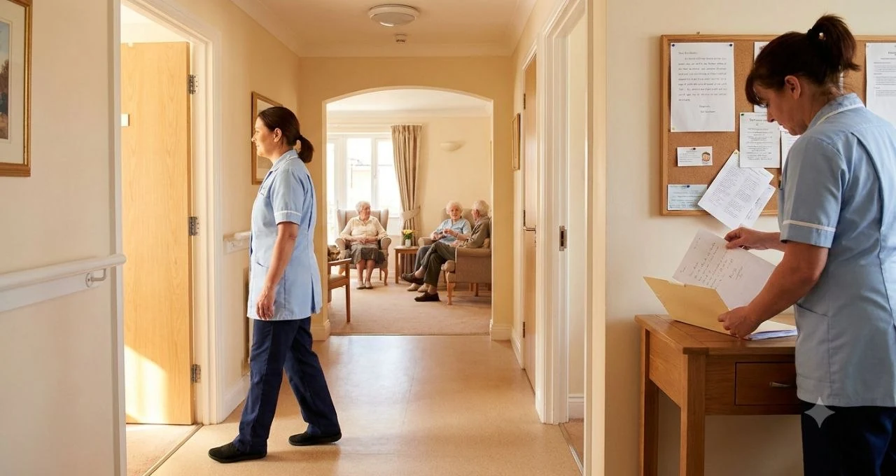 Warm care-home corridor with a private-room doorway, calm staff readiness and handover notes, showing awareness without surveillance