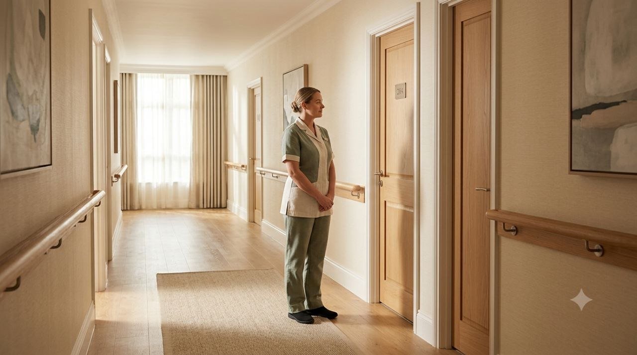 Warm care-home corridor with a staff member calmly waiting outside a private room doorway